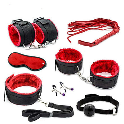 7 Pcs Bondage Set Cotton Red BDSM Restraint Sex Handcuffs for Couple Handcuffs Sexy Mark Whip Collar for Adult Slave Game