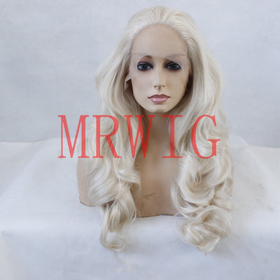MRWIG  free part long wavy synthetic front wig #0809 blonde real hair 26inch 350g free part for woman can heat transparent lace
