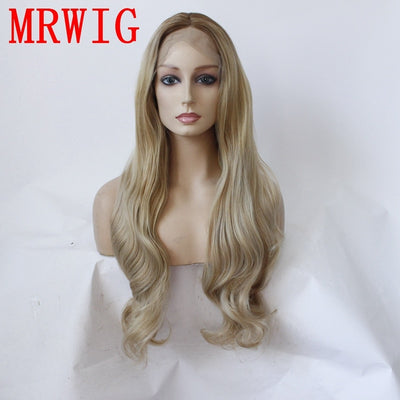 MRWIG Real Hair Long Wavy Brown Ombre 27# Mixed 613# Middle Part Glueless Front Lace Wig Short Dark Roots 14-26in