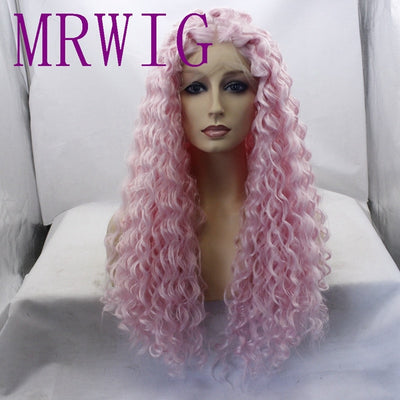 MRWIG  long kinky curly pink real hair synthetic front lace wig glueless 26in 180% high density for woman