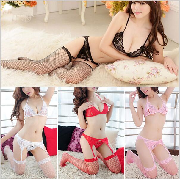 4Pcs Set Sexy Lace Lingerie Open Bra Thongs Underwear Suspender Belt Garters Stockings