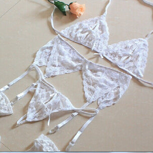 4Pcs Set Sexy Lace Lingerie Open Bra Thongs Underwear Suspender Belt Garters Stockings