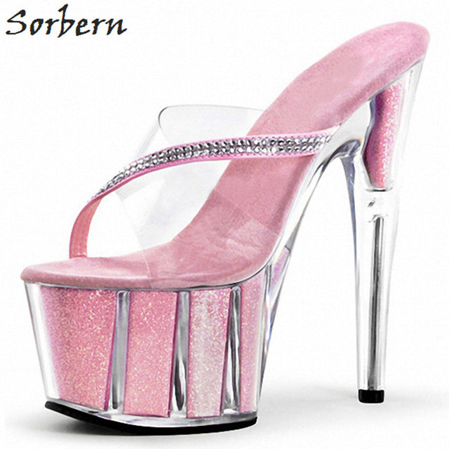 Sorbern Pink Women Slippers Platform High Heels Transparent Plastic Sandals For Women Summer Unisex Shoes Cross Dressing Slides